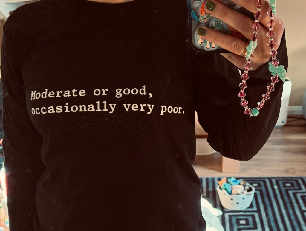 T-shirt with text reading "Moderate or good, occasionally very poor."